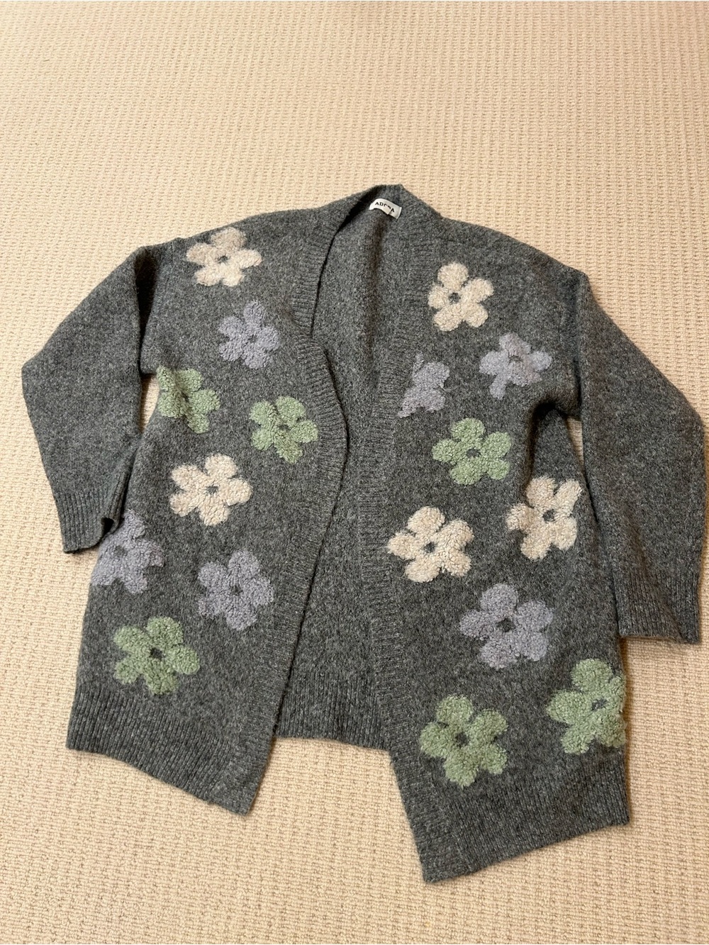 ADORA Gray Open-Front Floral Knit Cardigan with Cream, Green, and Lilac Flowers